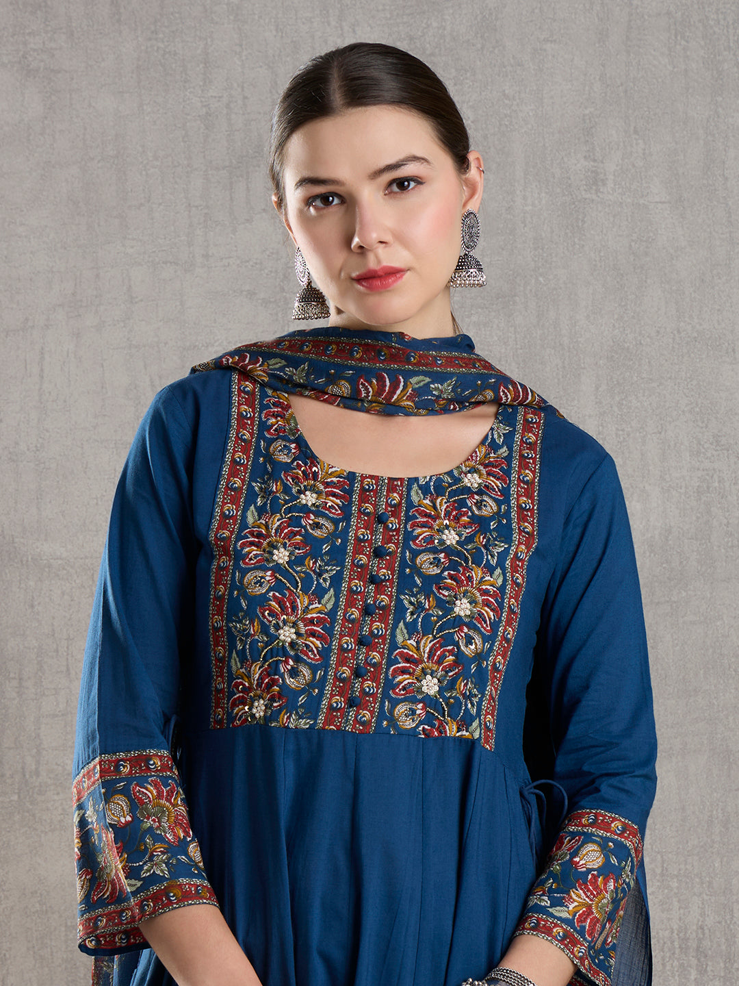 Solid Floral Printed Embroidered Anarkali with Palazzo and Dupatta - Blue