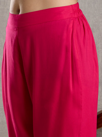 Solid Floral Embroidered Anarkali Flared Kurta with Pant & Dupatta - Rani