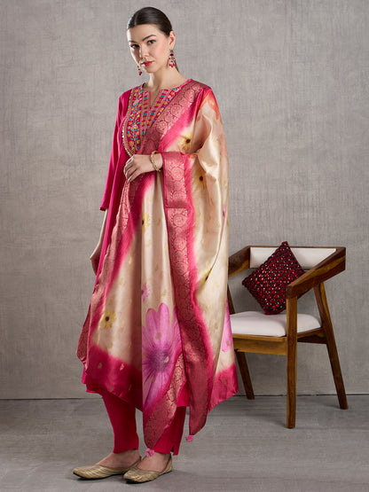 Solid Floral Embroidered Anarkali Flared Kurta with Pant & Dupatta - Rani