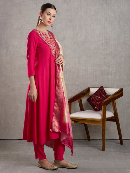 Solid Floral Embroidered Anarkali Flared Kurta with Pant & Dupatta - Rani