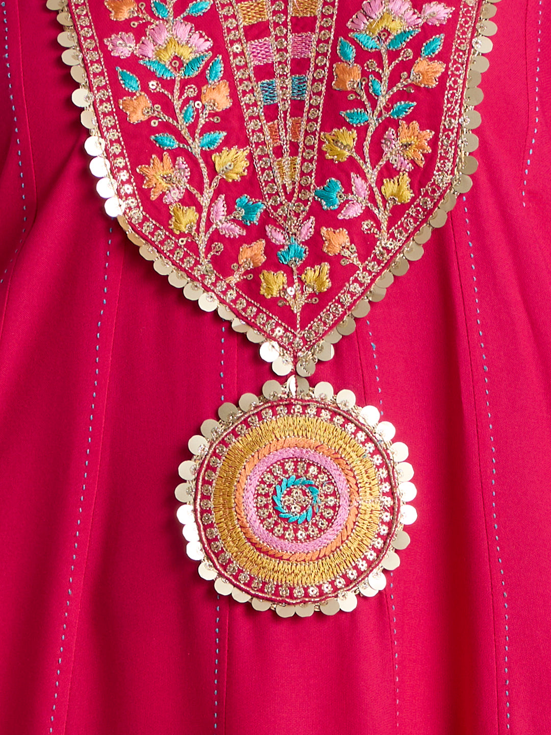 Solid Floral Embroidered Anarkali Flared Kurta with Pant & Dupatta - Rani