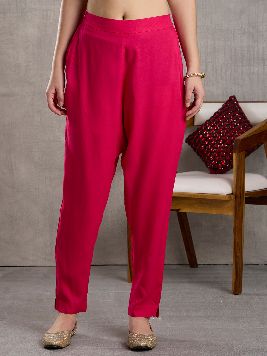 Solid Floral Embroidered Anarkali Flared Kurta with Pant & Dupatta - Rani