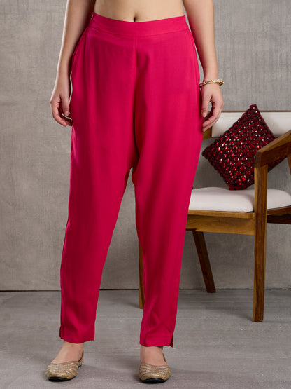 Solid Floral Embroidered Anarkali Flared Kurta with Pant & Dupatta - Rani