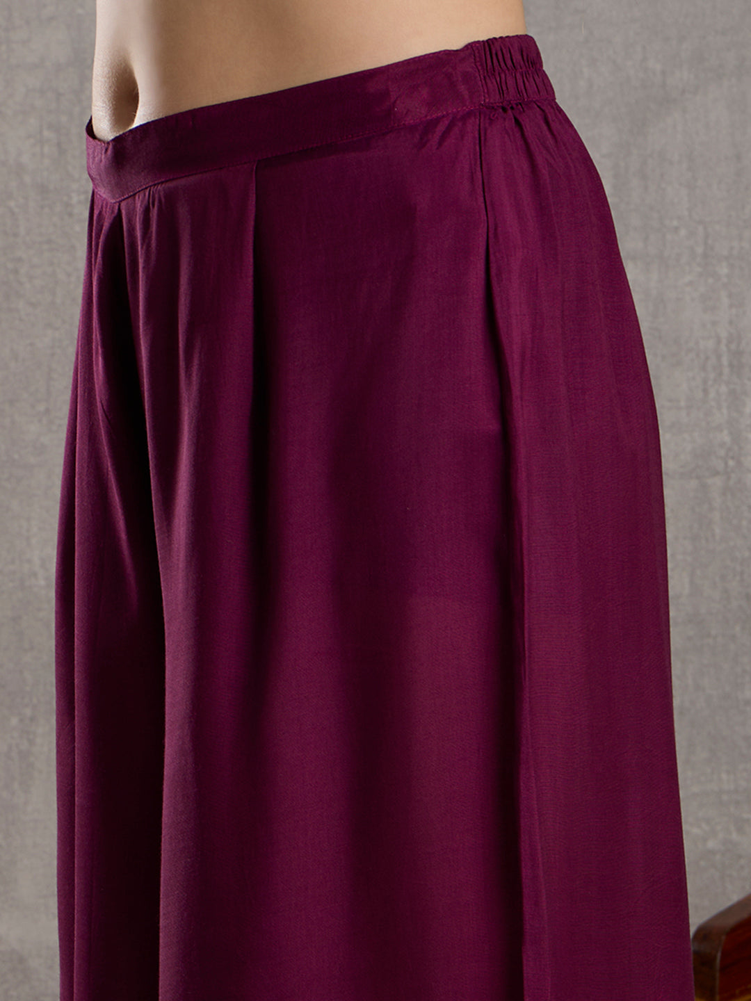Solid Hand Embroidered Straight Kurta with Palazzo and Dupatta - Burgundy