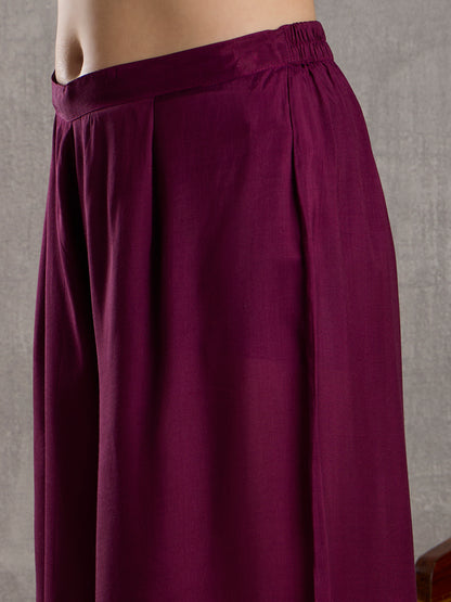 Solid Hand Embroidered Straight Kurta with Palazzo and Dupatta - Burgundy