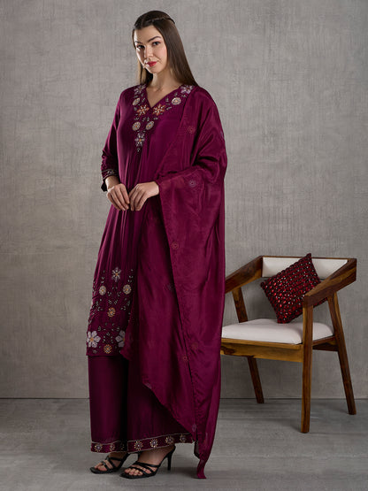 Solid Hand Embroidered Straight Kurta with Palazzo and Dupatta - Burgundy