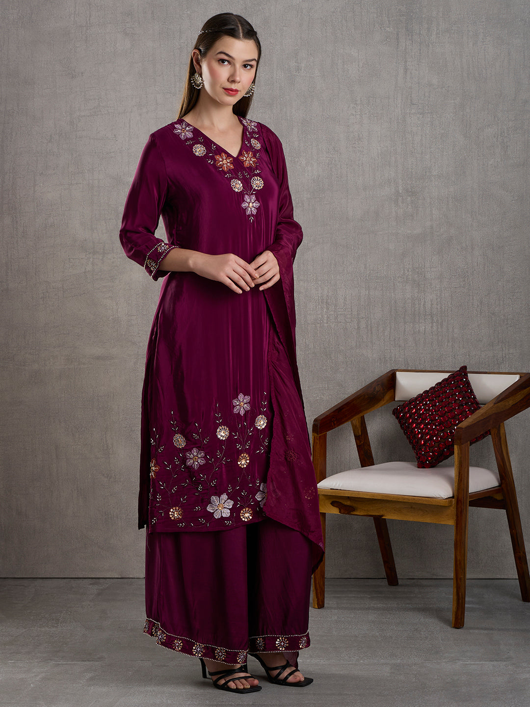 Solid Hand Embroidered Straight Kurta with Palazzo and Dupatta - Burgundy
