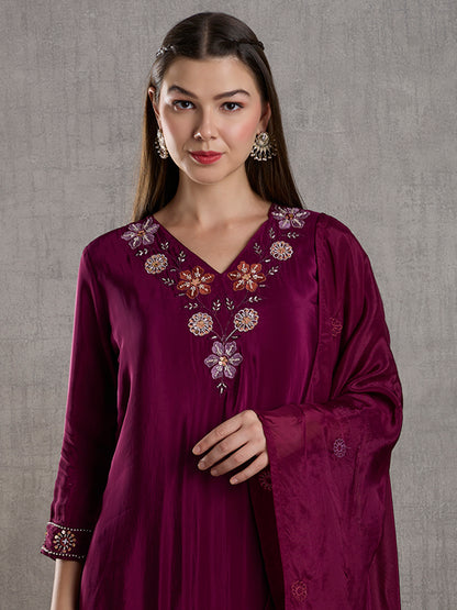 Solid Hand Embroidered Straight Kurta with Palazzo and Dupatta - Burgundy