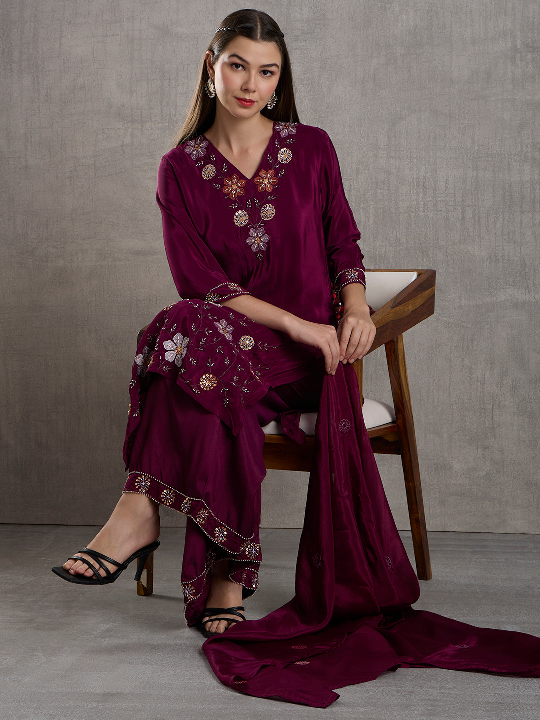 Solid Hand Embroidered Straight Kurta with Palazzo and Dupatta - Burgundy