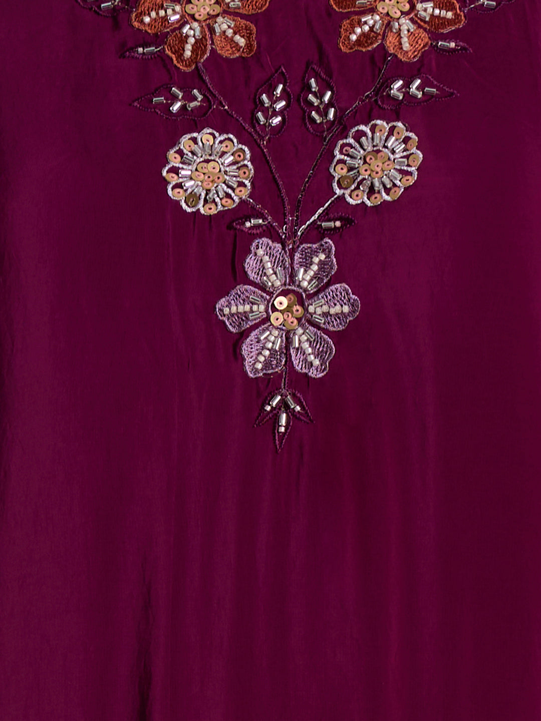Solid Hand Embroidered Straight Kurta with Palazzo and Dupatta - Burgundy