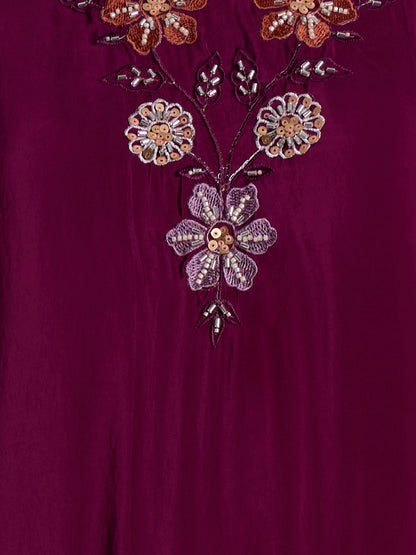 Solid Hand Embroidered Straight Kurta with Palazzo and Dupatta - Burgundy