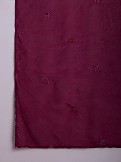 Solid Hand Embroidered Straight Kurta with Palazzo and Dupatta - Burgundy