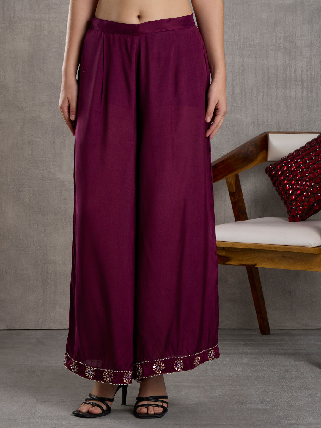 Solid Hand Embroidered Straight Kurta with Palazzo and Dupatta - Burgundy