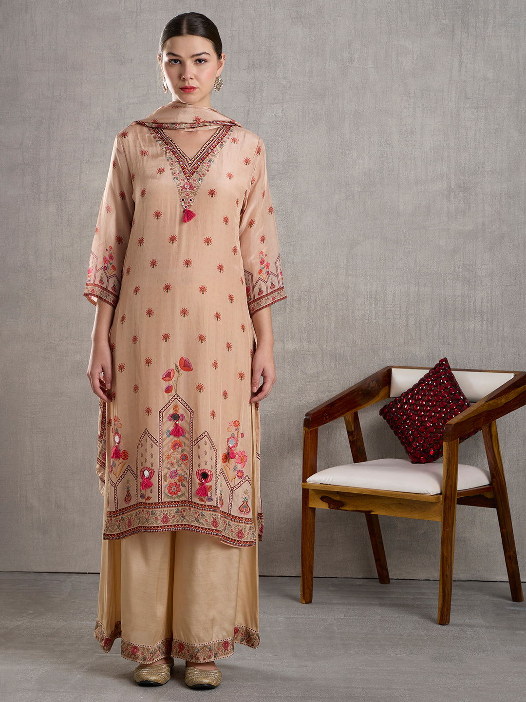 Ethnic Floral Printed Straight Kurta with Palazzo and Dupatta - Cream