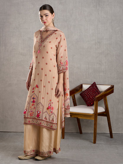 Ethnic Floral Printed Straight Kurta with Palazzo and Dupatta - Cream