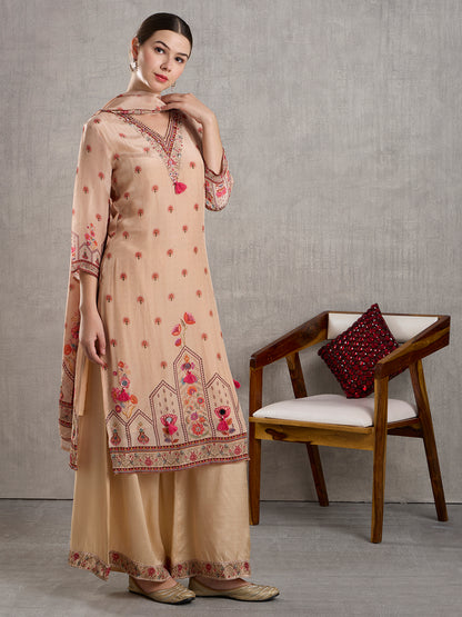 Ethnic Floral Printed Straight Kurta with Palazzo and Dupatta - Cream