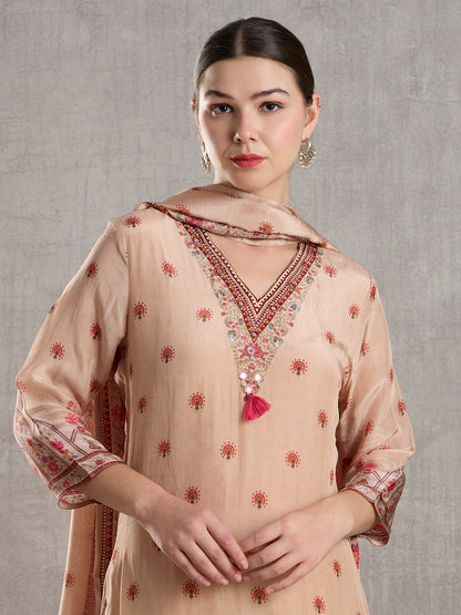 Ethnic Floral Printed Straight Kurta with Palazzo and Dupatta - Cream