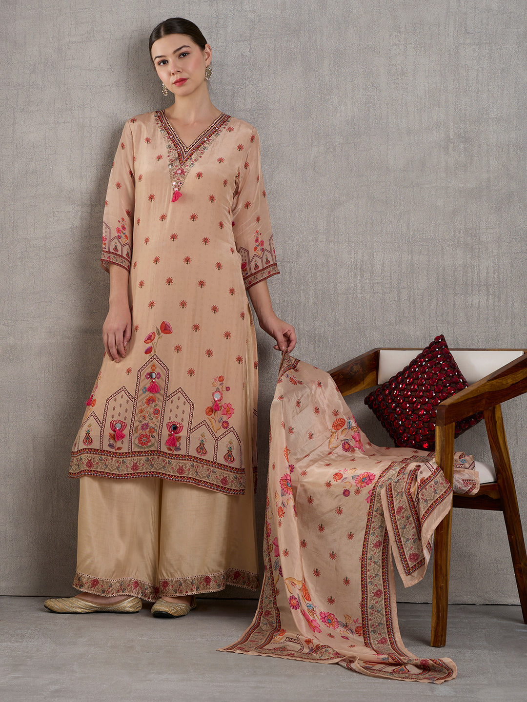 Ethnic Floral Printed Straight Kurta with Palazzo and Dupatta - Cream