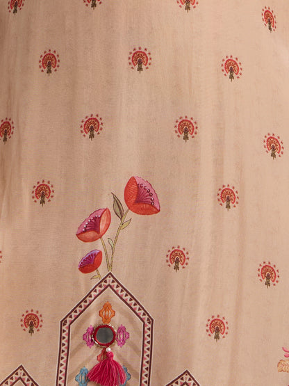 Ethnic Floral Printed Straight Kurta with Palazzo and Dupatta - Cream