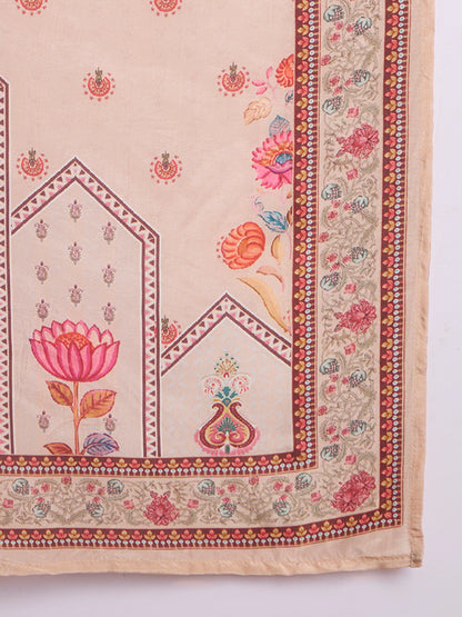 Ethnic Floral Printed Straight Kurta with Palazzo and Dupatta - Cream