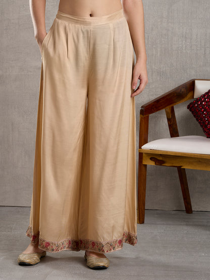 Ethnic Floral Printed Straight Kurta with Palazzo and Dupatta - Cream