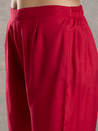 Solid Floral Embroidered Jacquard Kurta with Pant & Dupatta - Red