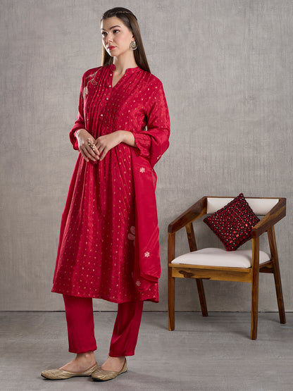 Solid Floral Embroidered Jacquard Kurta with Pant & Dupatta - Red
