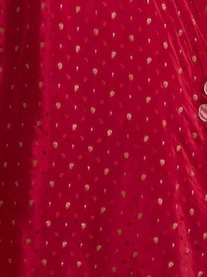 Solid Floral Embroidered Jacquard Kurta with Pant & Dupatta - Red