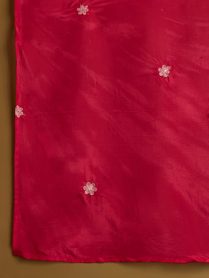Solid Floral Embroidered Jacquard Kurta with Pant & Dupatta - Red