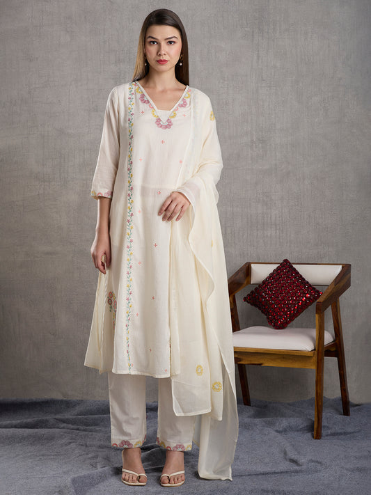 Solid Floral Embroidered A-Line Paneled Kurta with Pant & Dupatta - White