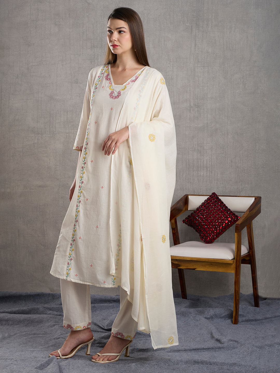 Solid Floral Embroidered A-Line Paneled Kurta with Pant & Dupatta - White