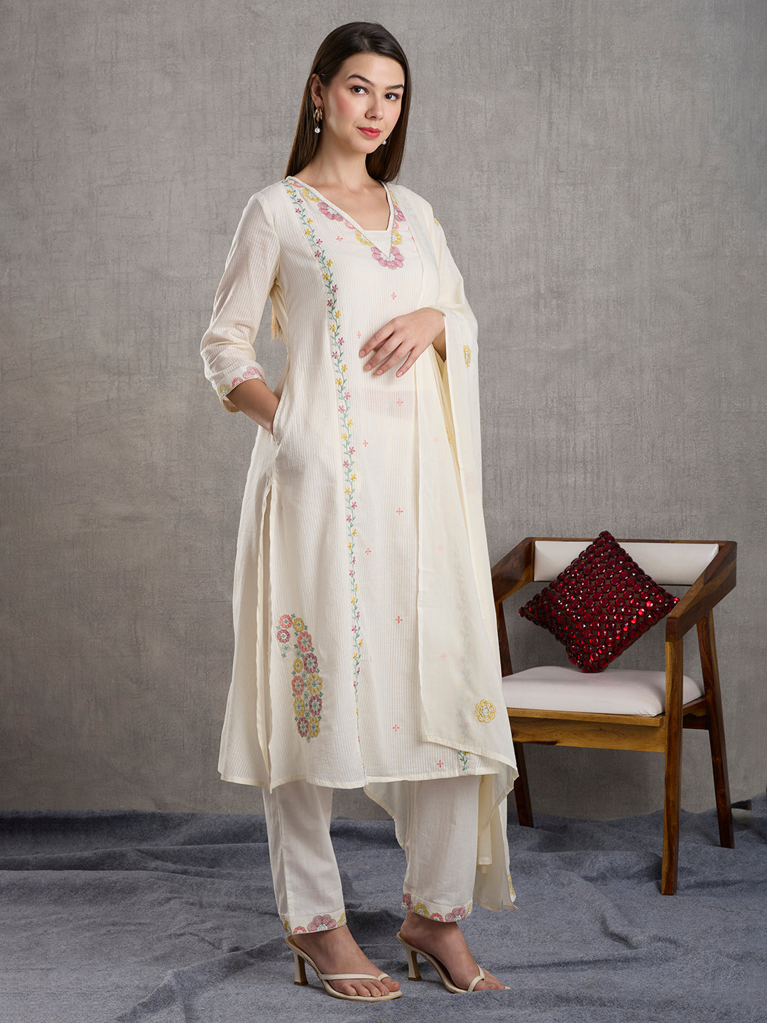 Solid Floral Embroidered A-Line Paneled Kurta with Pant & Dupatta - White