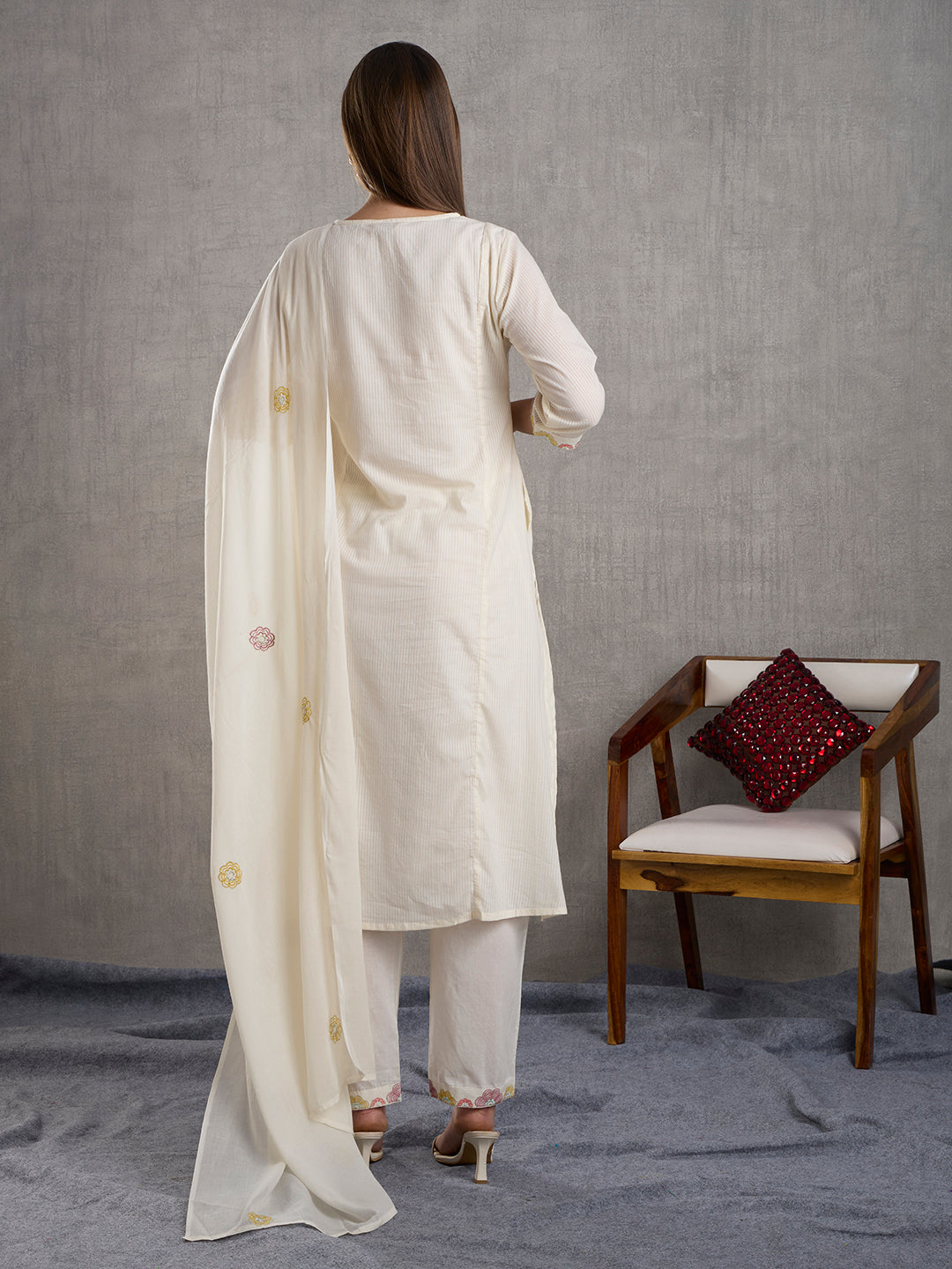 Solid Floral Embroidered A-Line Paneled Kurta with Pant & Dupatta - White