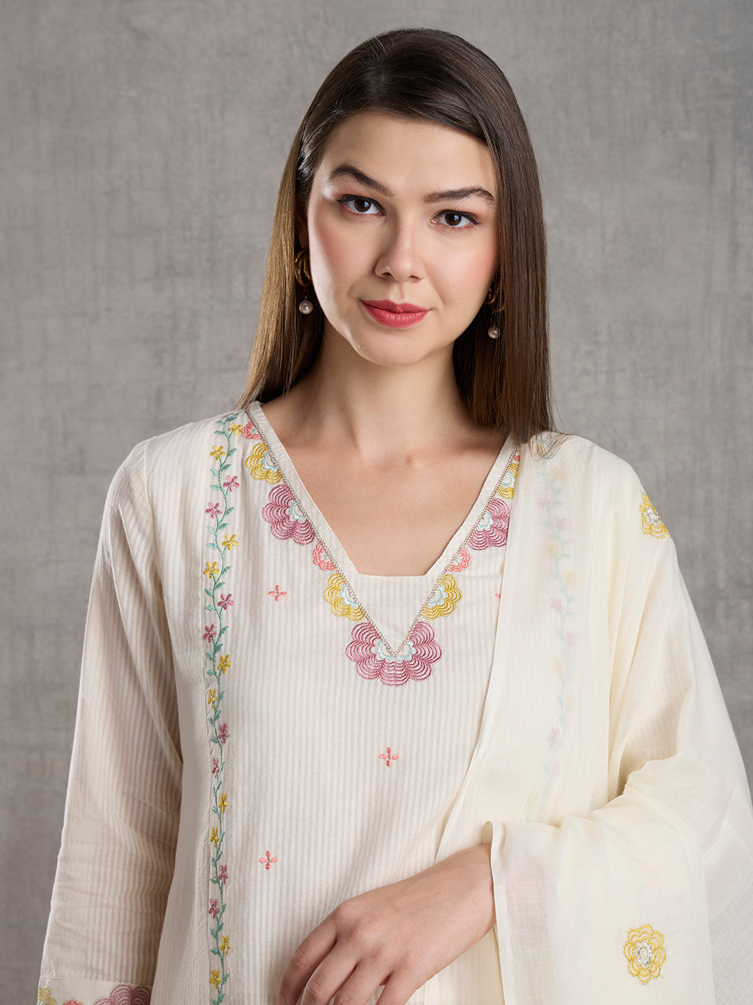 Solid Floral Embroidered A-Line Paneled Kurta with Pant & Dupatta - White