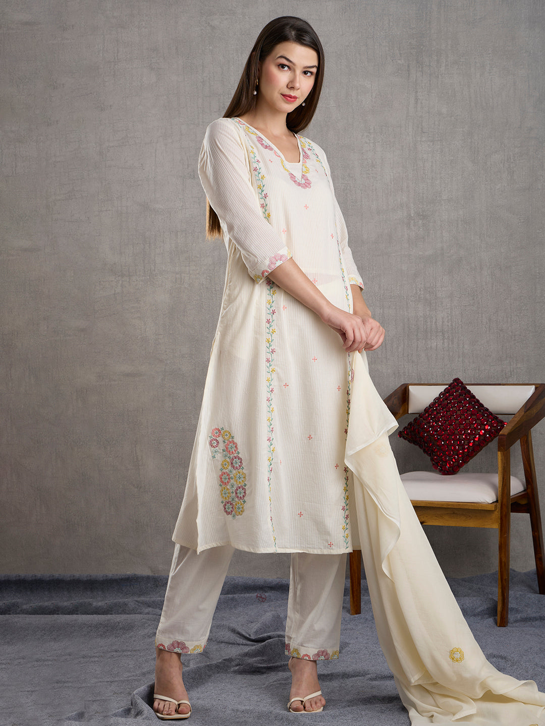 Solid Floral Embroidered A-Line Paneled Kurta with Pant & Dupatta - White