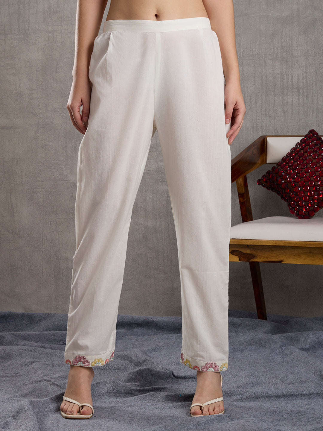 Solid Floral Embroidered A-Line Paneled Kurta with Pant & Dupatta - White