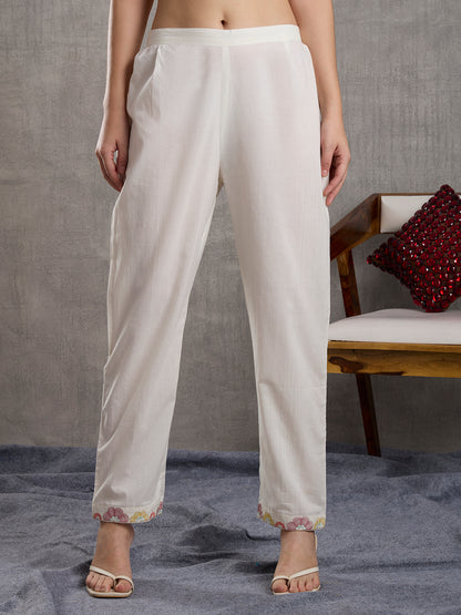 Solid Floral Embroidered A-Line Paneled Kurta with Pant & Dupatta - White