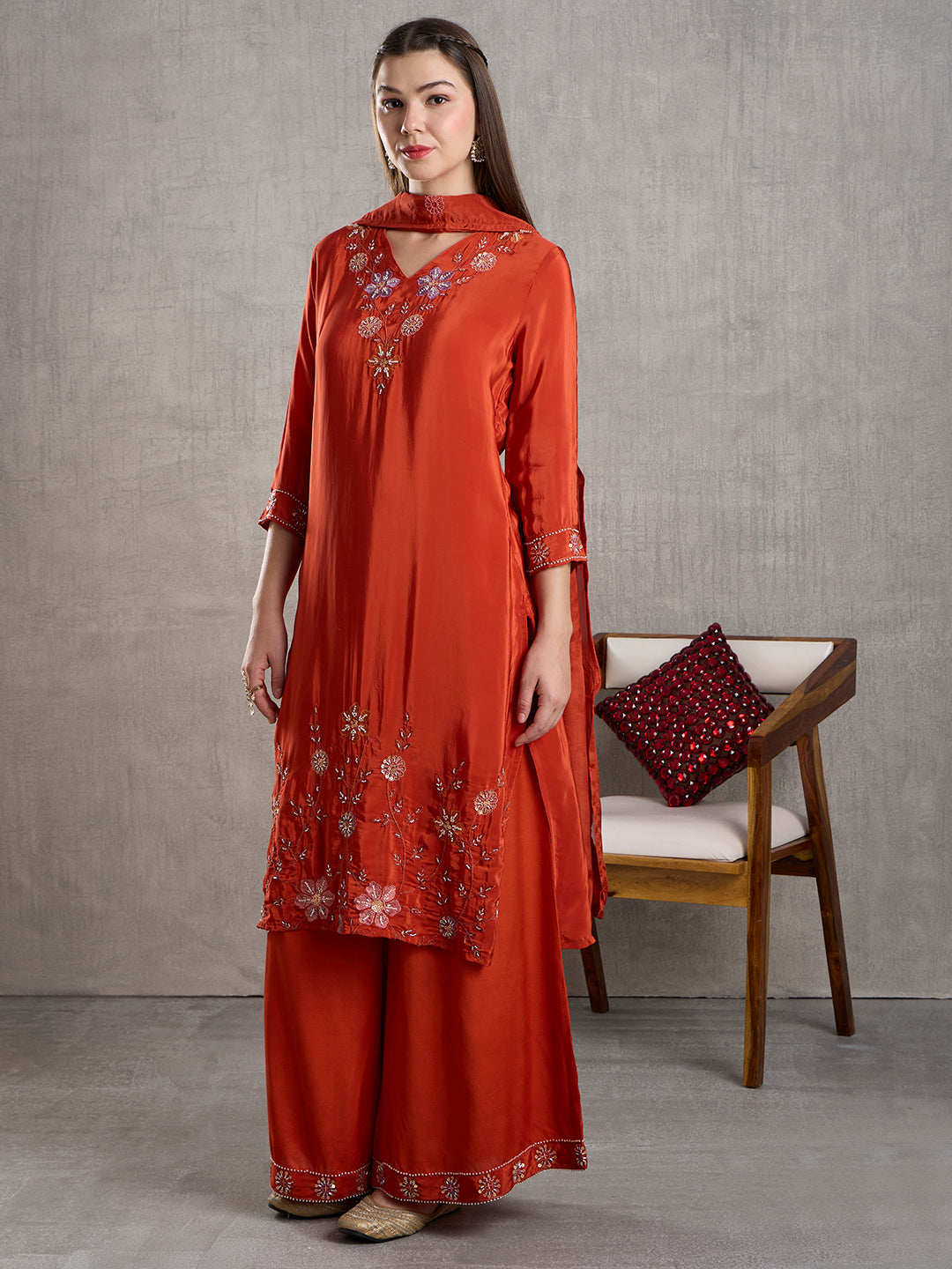 Solid Floral Embroidered Straight Kurta with Palazzo and Dupatta - Rust