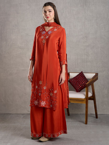 Solid Floral Embroidered Straight Kurta with Palazzo and Dupatta - Rust