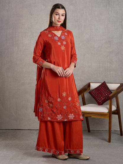 Solid Floral Embroidered Straight Kurta with Palazzo and Dupatta - Rust
