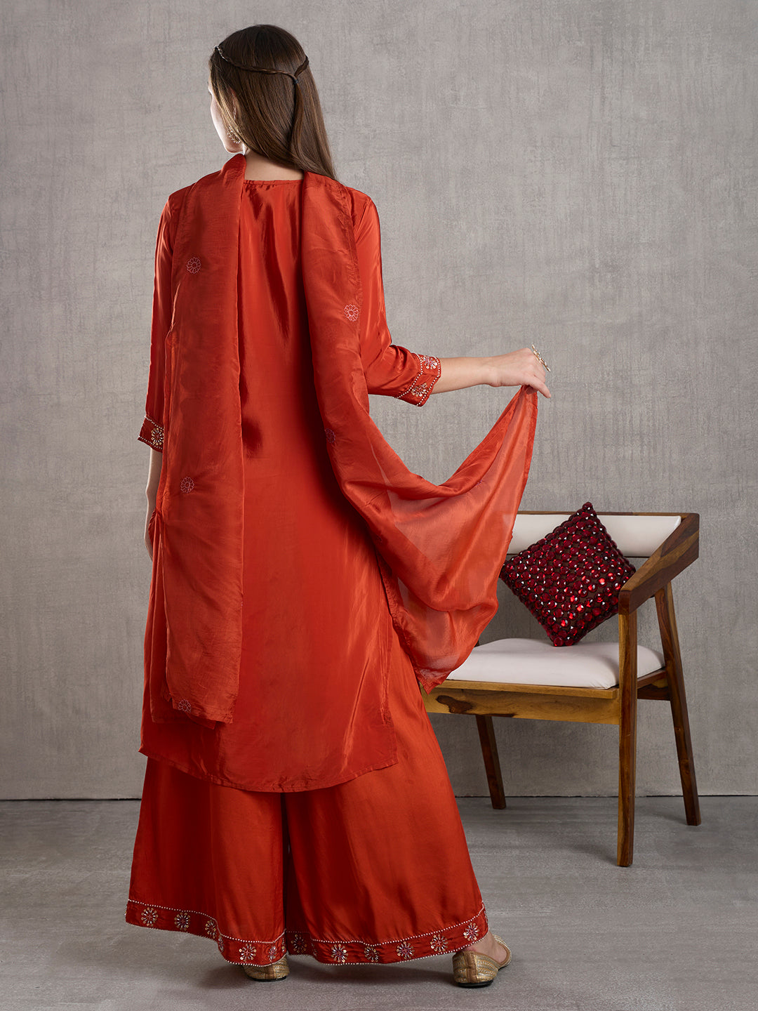 Solid Floral Embroidered Straight Kurta with Palazzo and Dupatta - Rust