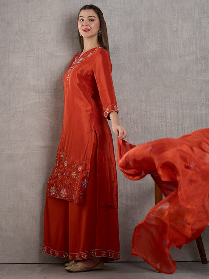 Solid Floral Embroidered Straight Kurta with Palazzo and Dupatta - Rust