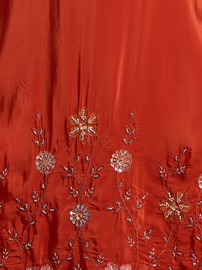 Solid Floral Embroidered Straight Kurta with Palazzo and Dupatta - Rust