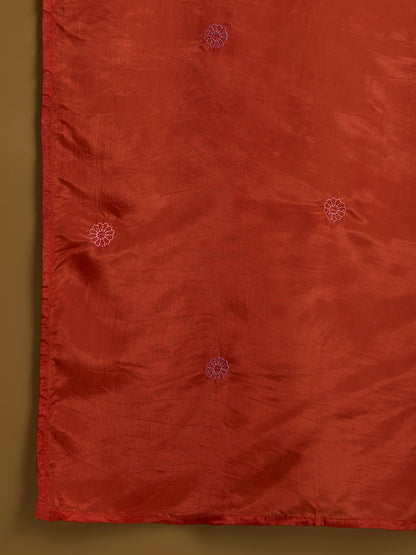 Solid Floral Embroidered Straight Kurta with Palazzo and Dupatta - Rust