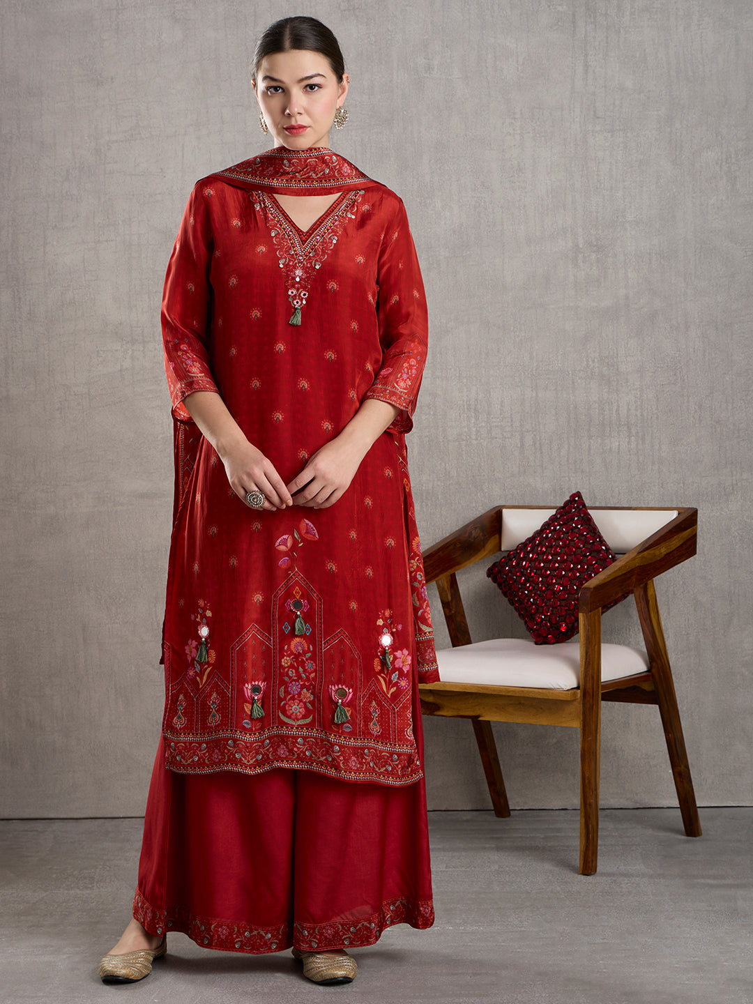 Ethnic Floral Printed Embroidered Kurta with Palazzo and Dupatta - Red