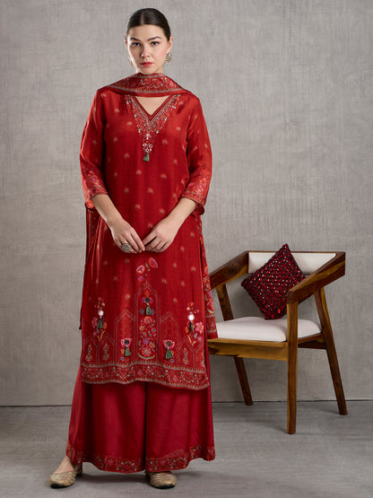 Ethnic Floral Printed Embroidered Kurta with Palazzo and Dupatta - Red