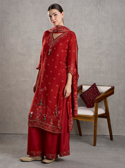 Ethnic Floral Printed Embroidered Kurta with Palazzo and Dupatta - Red