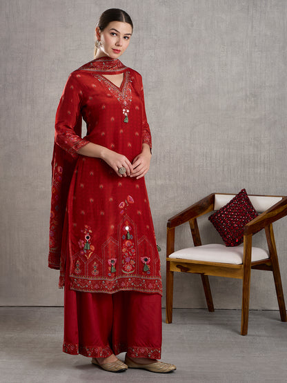 Ethnic Floral Printed Embroidered Kurta with Palazzo and Dupatta - Red