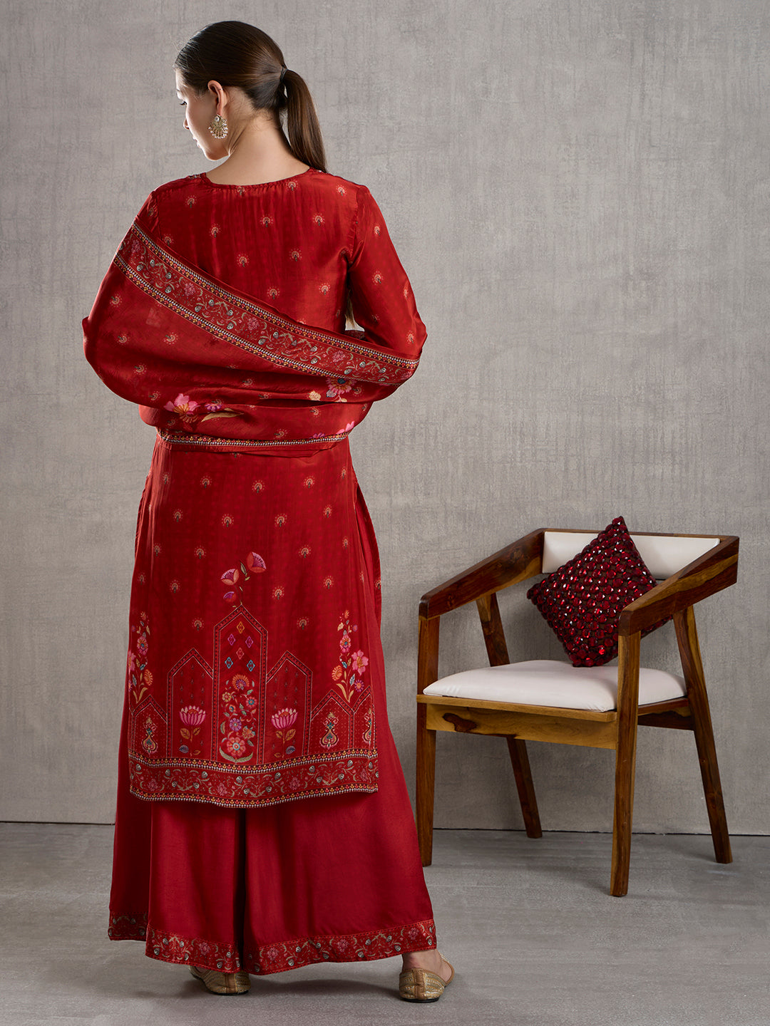 Ethnic Floral Printed Embroidered Kurta with Palazzo and Dupatta - Red