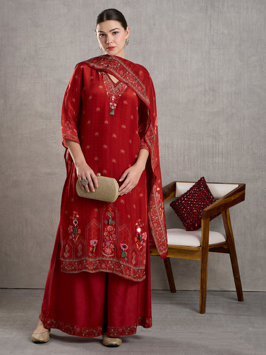 Ethnic Floral Printed Embroidered Kurta with Palazzo and Dupatta - Red